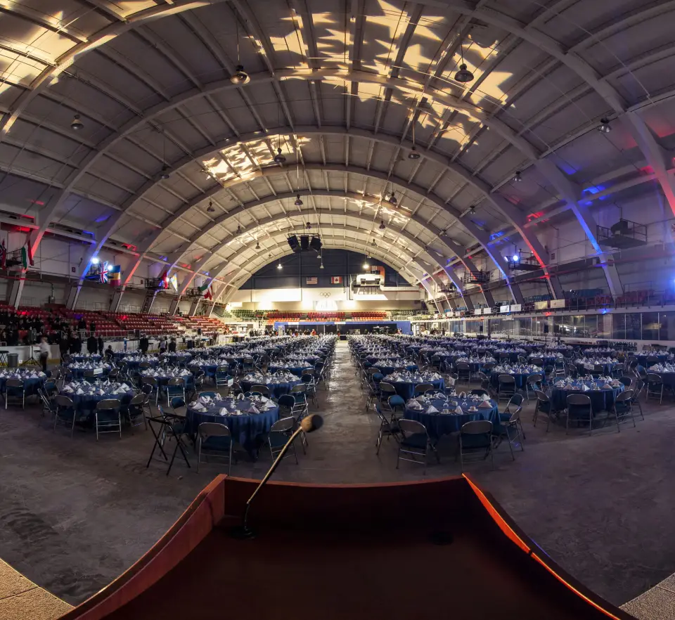 An auditorium decorated for an event.