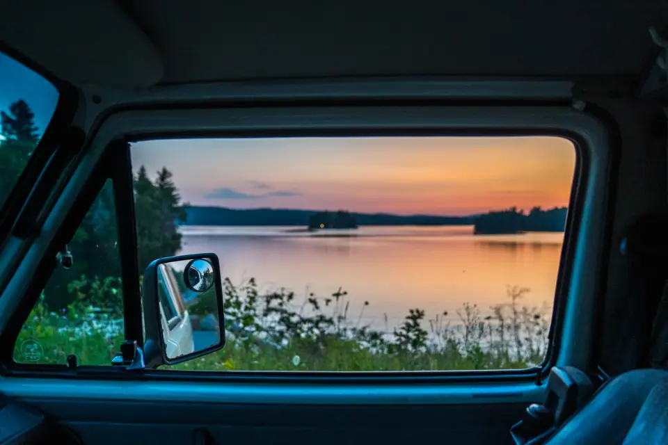 Sunset views from a car window.