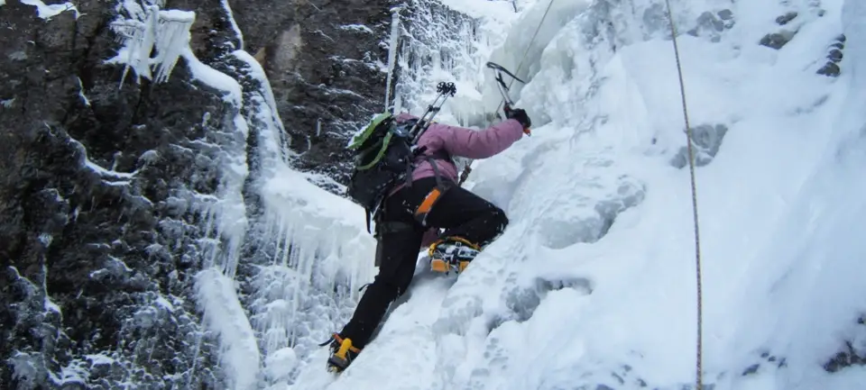 An ice climber in a gully