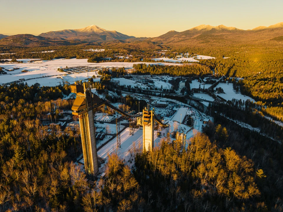 The Olympic Ski Jumps at sunrise during the winter.