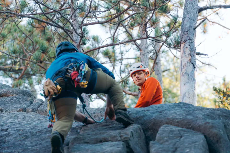 Two climbers near the top of a pitch