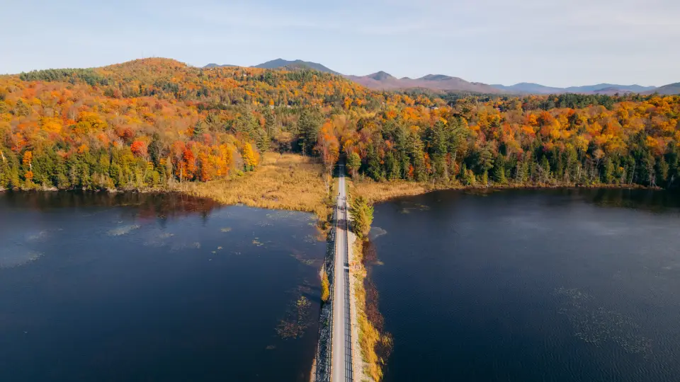 An aerial view of the Adirondack Rail Trail during fall.