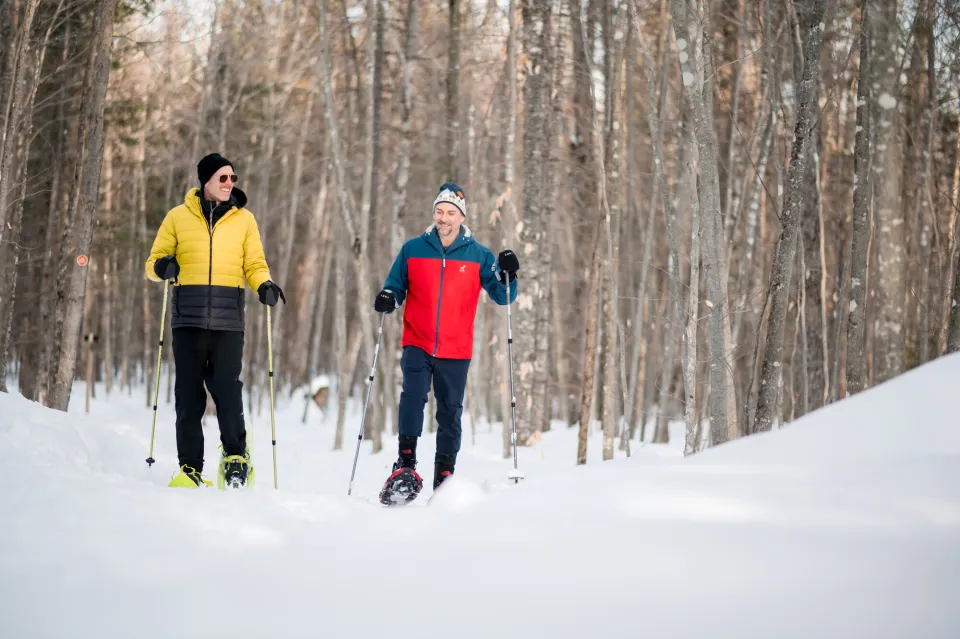 Two men in brightly colored winter jackets, one yellow and one red, snowshoe in snowy forest in winter.