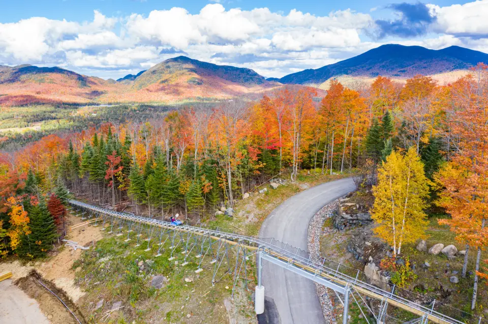 An aerial shot of the Cliffside Coaster in autumn