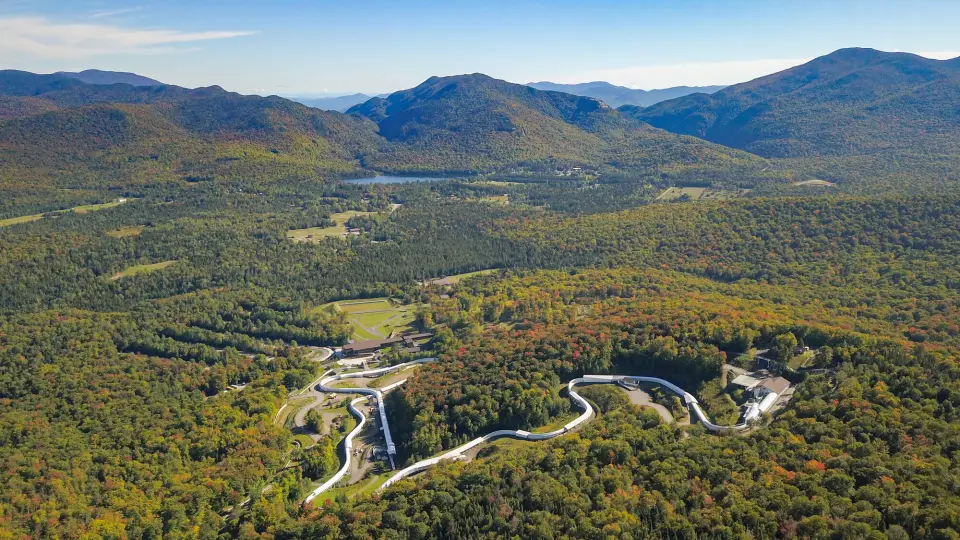 aerial view of mt van hoevenberg and its bobsled track