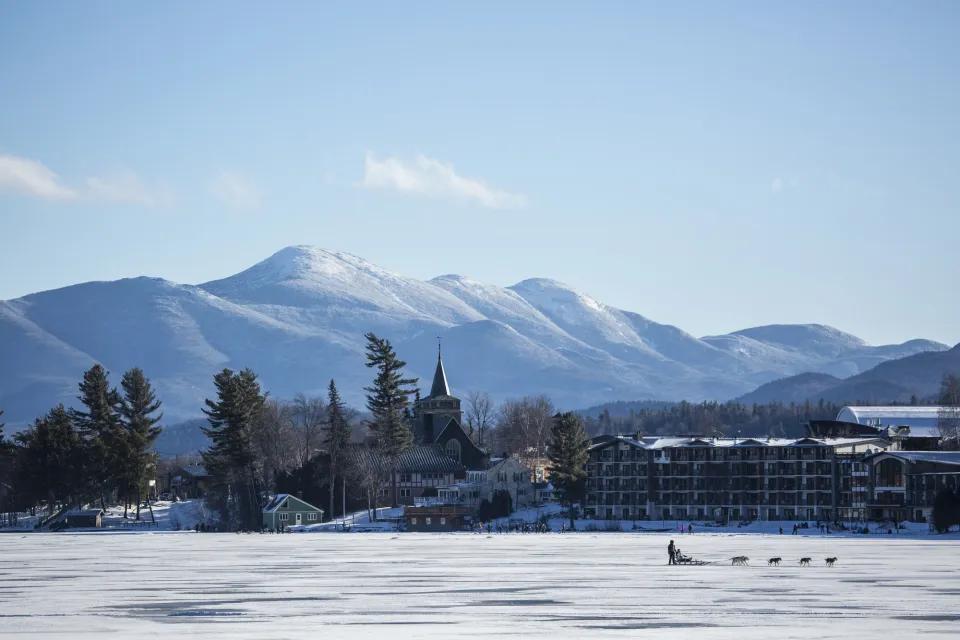 Frozen Mirror Lake in Lake Placid during the winter.