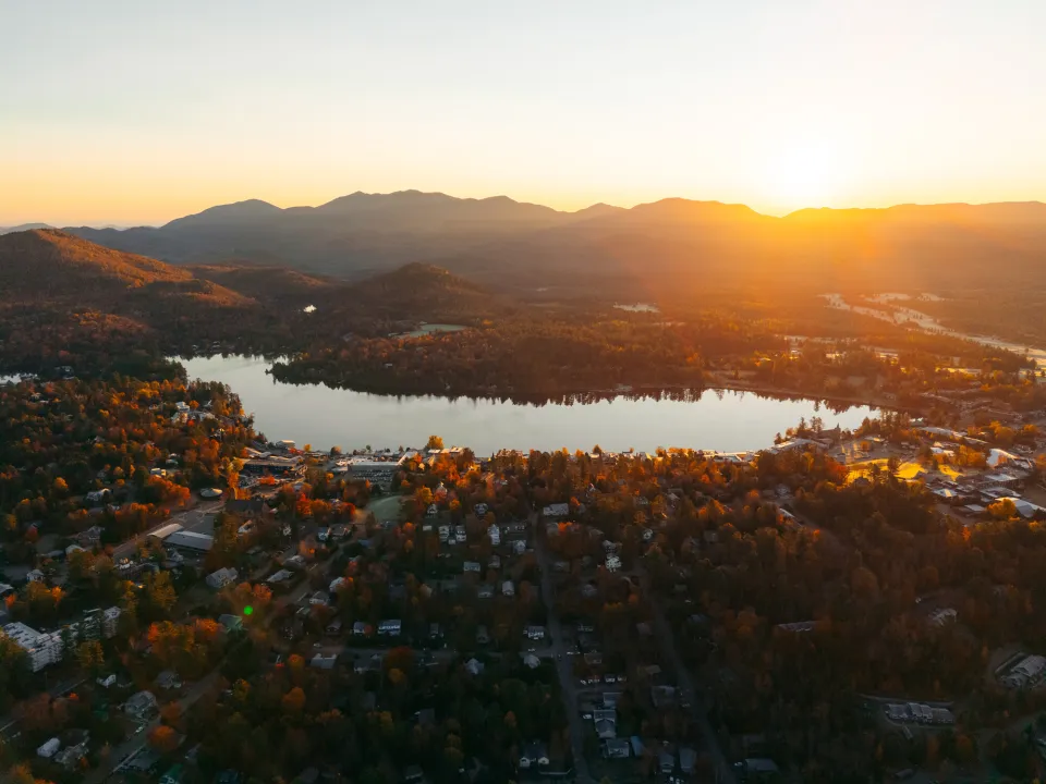 Aerial view of Mirror Lake in the fall.