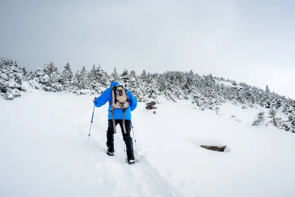 A person snowshoeing through thick snow.