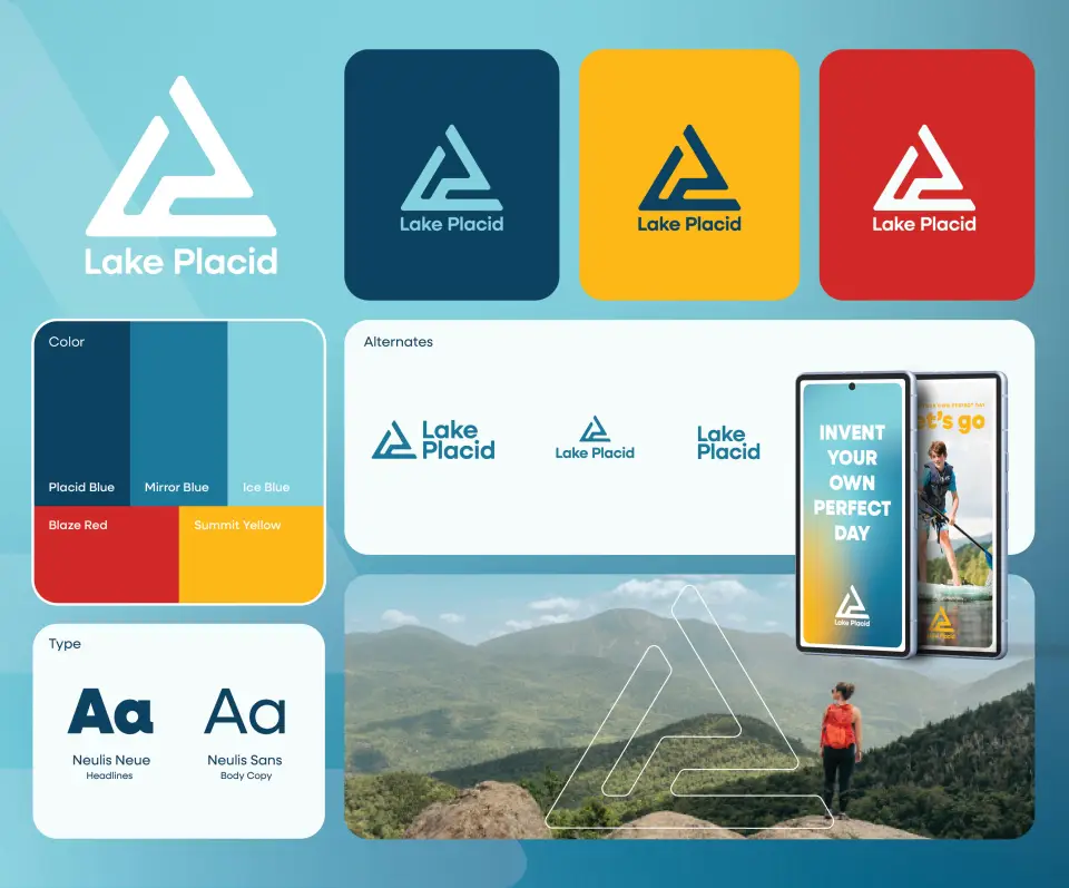 A graphic designed page showing a logo and fonts in various colorways.