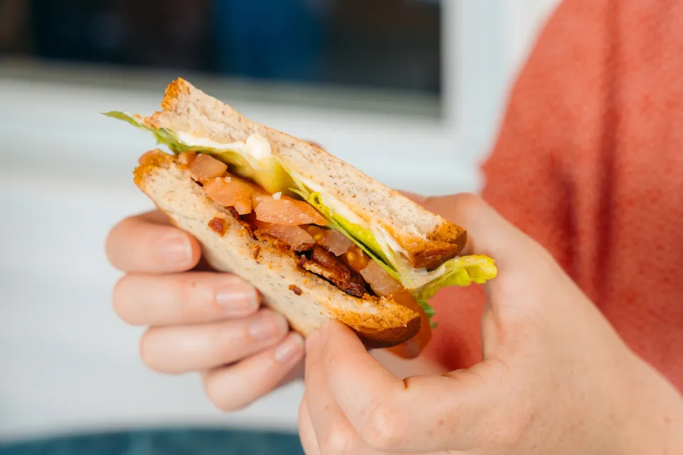 A person holds a sandwich. 