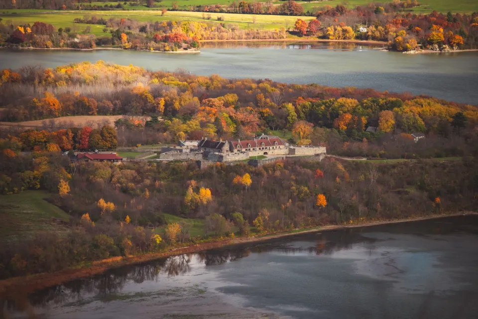 An aerial view of Fort Ticonderoga in the fall.