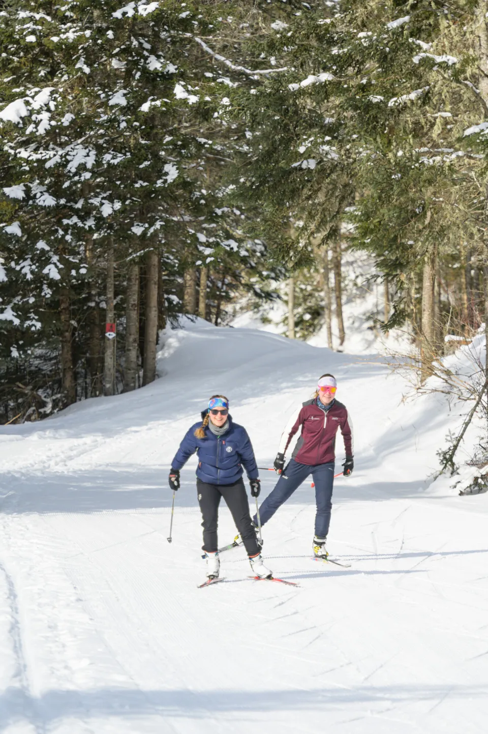 Two skiers ride through snow. 