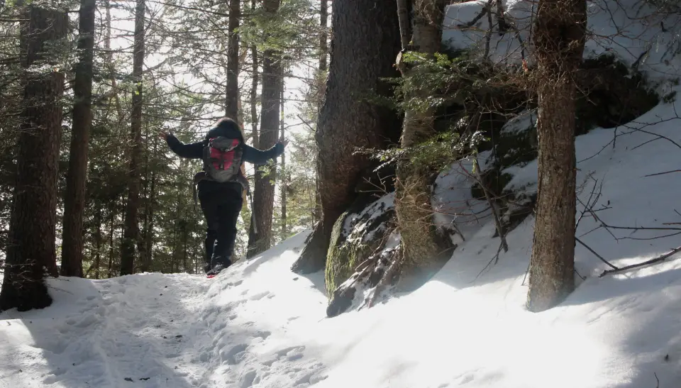 A person walks over a snowy range in winter.