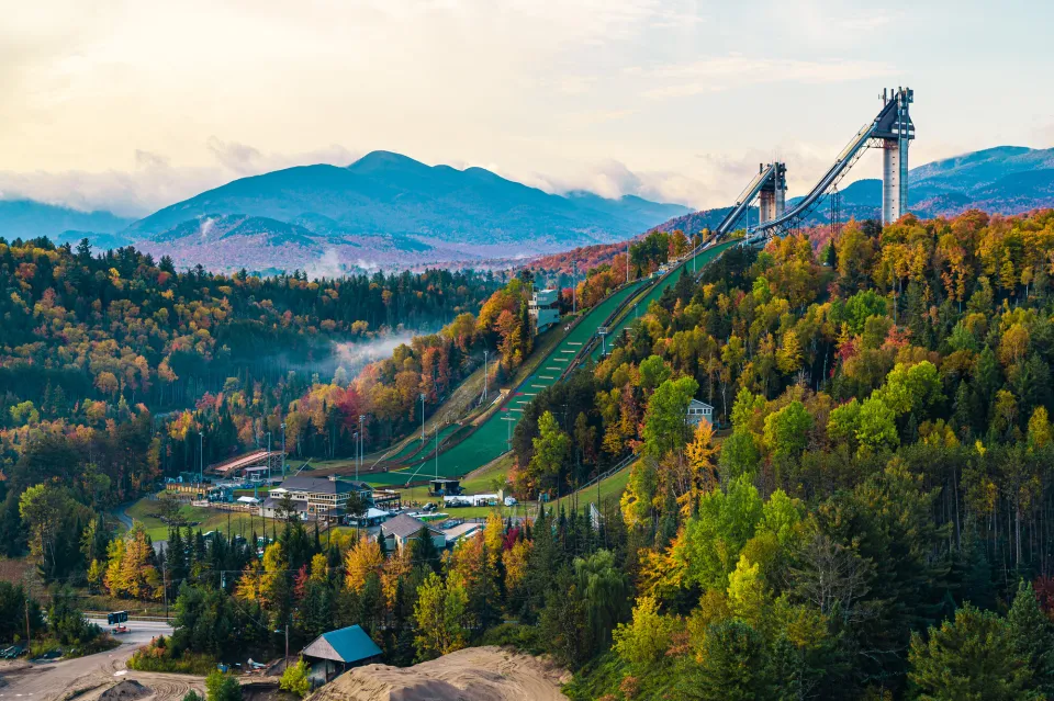 The Lake Placid Ski Jumps in the fall.