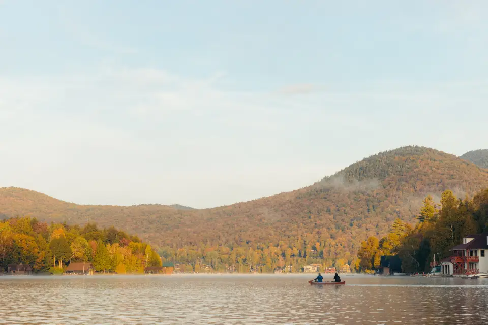 A canoe on Lake Placid during the fall.