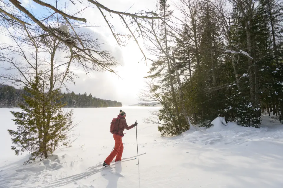 A woman xc skis in front of a frozen lake