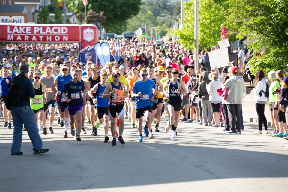 A marathon race on a warm fall day. 