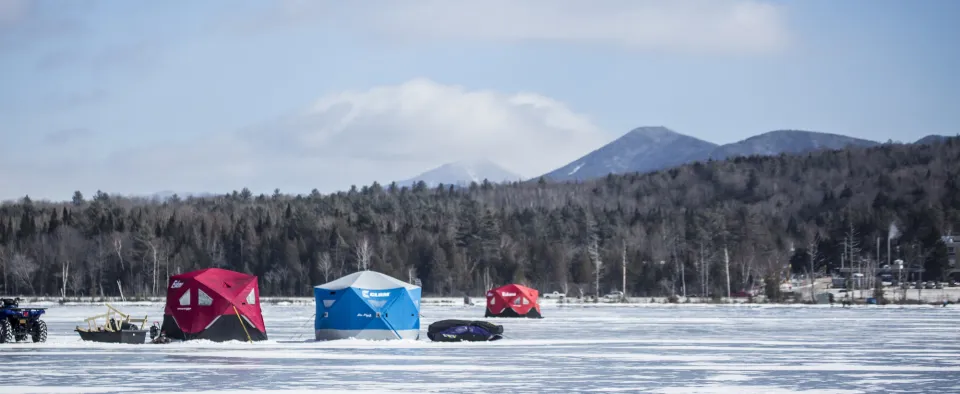Shanties on the ice at Lake Colby, Saranac Lake.