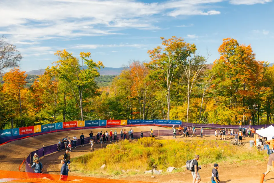 The UCI Mountain Bike event with fall foliage.