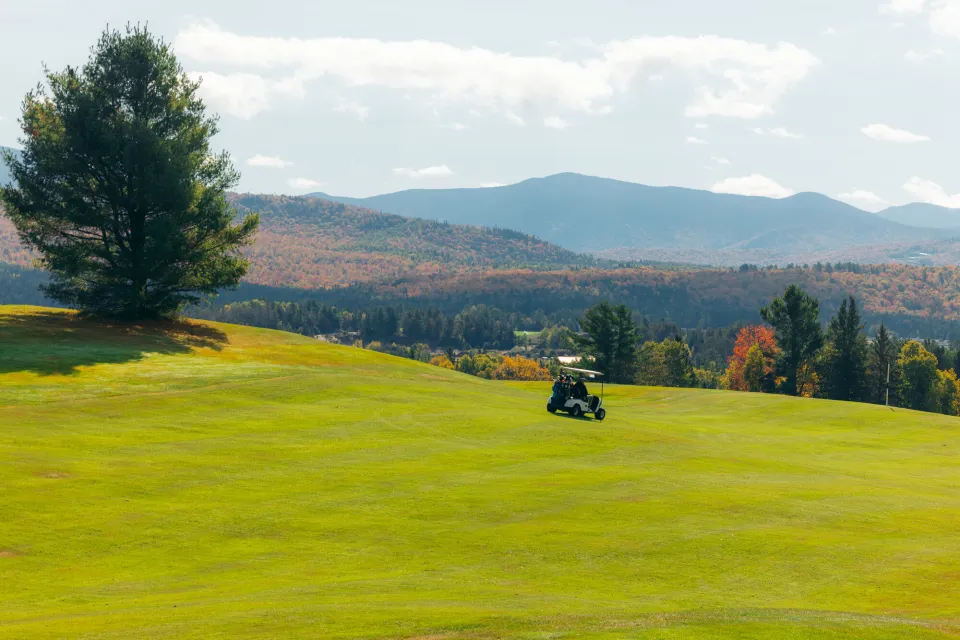 A golf cart riding down the green with fall foliage in the background.
