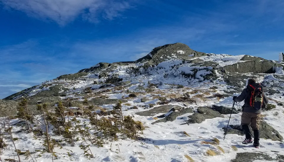 A winter hiker in the Adirondack alpine zone.