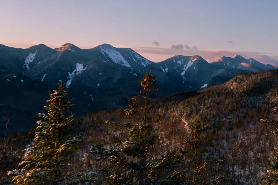 Winter mountain vistas at sunset in Keene Valley.